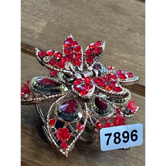 Large Floral Hair Clip With Red Rhinestones & Metal**note missing rhinestone - Picture 2 of 10